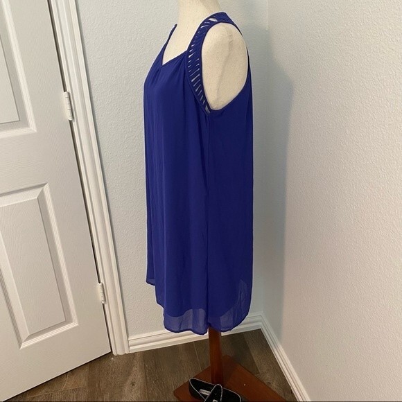 UA LA Cut Out Lattice Detail Dress Sleeveless Sexy Blue Purple Silk Midi SZ L - Picture 5 of 10